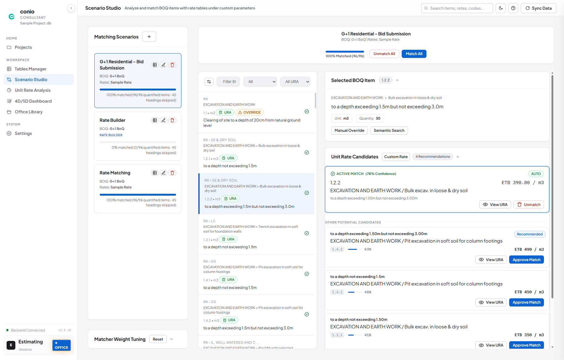 Conio Scenario Studio, full view: a BOQ item's matched rate, confidence score, and ranked alternative candidates