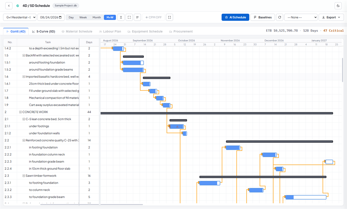 Conio 4D/5D schedule: a Gantt chart with dependency links and the critical path